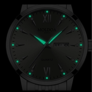 Montre à quartz pour hommes avec aiguilles lumineuses, jour et date, cadran noir métal