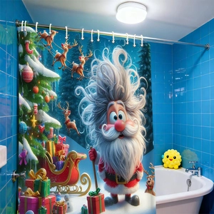 Tenda da doccia natalizia con Babbo Natale e renne in un bagno con piastrelle blu scuro