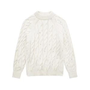 Damen Zopfstrickpullover Langarm Rundhalsausschnitt Mit Strass Verziert Weich Warm Strickpullover Jumper Top Weiß