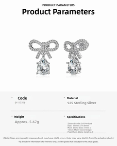 Detailed specs of S925 sterling silver bow earrings with 2ct pear-cut zircon stones