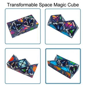 Detailed views of a 3D infinite folding cube with solar system and rocket space theme