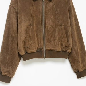 Brown faux suede jacket featuring ribbed cuffs and hem with metal zipper detail