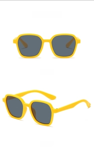 Front and side view of yellow square frame kids sunglasses with grey lenses