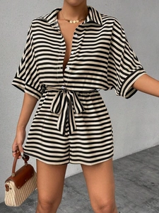 Women's summer striped short romper with button collar and waist tie belt
