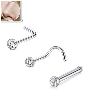 Three types of silver stainless steel nose rings with sparkling round zirconia stones