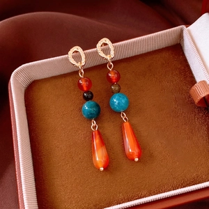 Vintage Ethnic Bohemian Beaded Teardrop Drop Earrings Agate Stone Alloy With Silver Earring Post For Women Jewelry