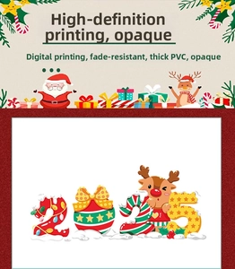 Close-up of 2025 Christmas window decals featuring Santa and reindeer on thick PVC