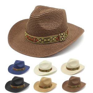 Western Cowboy Hat Paper Straw Wide Brim Sun Protection Ethnic Geometric Band For Men Women Summer Beach Outdoor