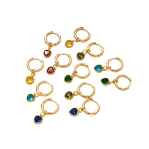 Chic gold hoop earrings with multi-colored heart-shaped zircon pendants in a tiled display