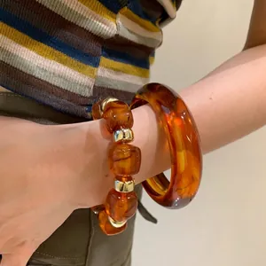 Amber acrylic resin geometric bracelet and bangle set for women in a minimalist style