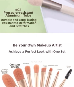 Detail showing 8 mini makeup brushes with durable champagne gold aluminum tubes