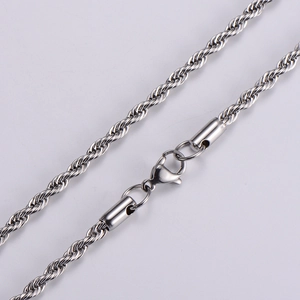 Detailed view of silver stainless steel rope chain featuring a secure lobster clasp closure