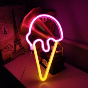 Detail of ice cream neon light showing the pink and yellow glow with a convenient hanging hole