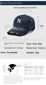 Size chart for adjustable denim baseball cap with vintage N patch and product parameters