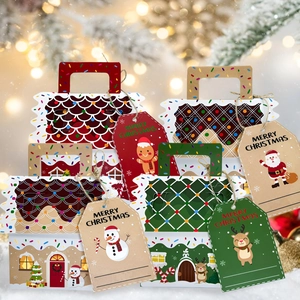 Christmas House Design Candy Box Kraft Paper Gingerbread Gift Bag Party Favor Cookies Snack Packaging Boxes Set