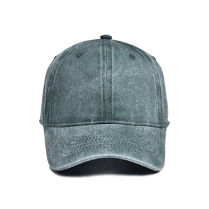 Detail view of washed cotton baseball cap with vintage finish and curved brim