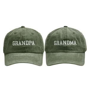 Detailed embroidery of Grandpa and Grandma on olive green washed cotton baseball caps