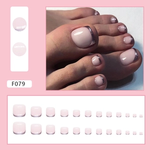 Sparkling French toe nail set F079 with purple glitter tips and pink base 24pcs