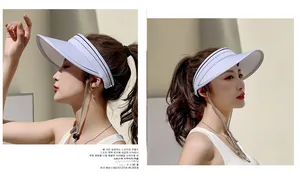 Detail of white wide brim visor with black trim and designer text for sun protection