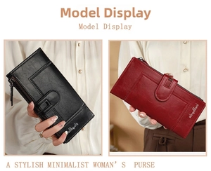 Detailed view of long leather wallets in black and burgundy with zip and snap closure