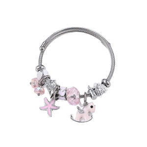 Pink charm bracelet with stainless steel seahorse and rocking horse beads for women