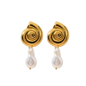 Elegant 18K gold plated spiral seashell earrings with baroque freshwater pearls