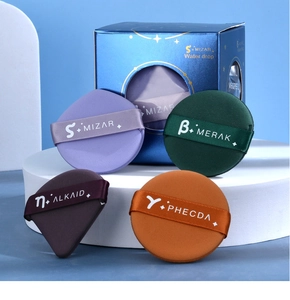 Detailed view of Big Dipper series makeup puff set with colorful sponges in a blue box