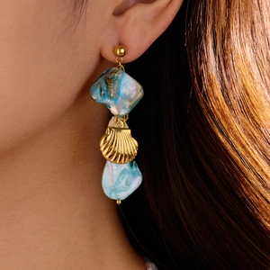 Ozean Thema Muschel Conch Tropfen Ohrringe Edelstahl Harz Blau Böhmischen Sommer Strand Schmuck Für Frauen