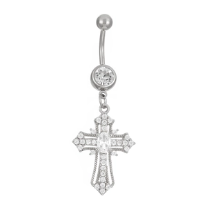 Close-up of silver-tone cross navel ring with inlaid zircon and crystal pendant detail