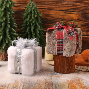 Christmas Plush Gift Box Ornaments Faux Fur Decorative Presents With Plaid Ribbon And Pine Cones For Holiday Home Decor