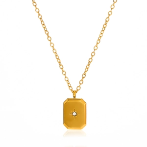 Gold plated stainless steel rectangular starburst necklace with round cubic zirconia