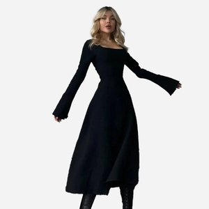 Detail of square neck and bell sleeves on a slim black long-sleeve A-line dress