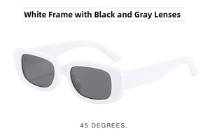 Detailed 45-degree angle view of white rectangular sunglasses with dark grey lenses