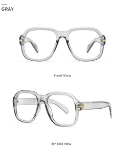 Detail view of transparent gray square sunglasses with gold cross arrow accents
