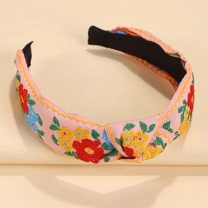 Pink bohemian embroidered fabric wide knotted headband with colorful floral patterns
