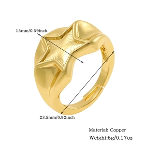 Detailed dimensions of gold star open ring made of copper with 15mm star width