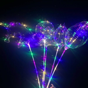 Close-up of heart, unicorn, and round LED glowing balloons with colorful fairy lights