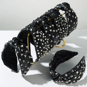 Women PU Leather Knot Headband With Metal Rivets Artificial Pearl Rhinestones Fashion Punk Vintage Wide Hair Band Accessory