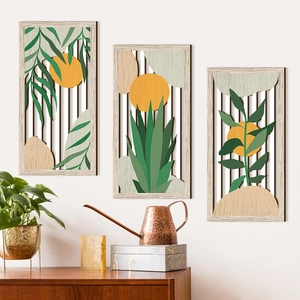 Bohemian Wood Wall Art Botanical Leaves Sun Abstract Geometric Hanging Decor For Bedroom Living Room Home Aesthetic