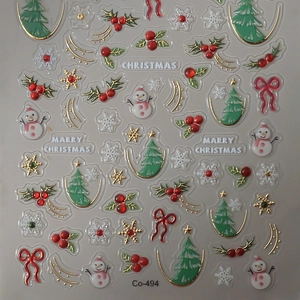 Autocollants ongles Noël 3D avec motifs dorés, bonshommes de neige et sapins