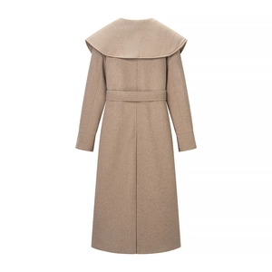 Women's long khaki wool coat featuring a stylish large shawl lapel and waist belt