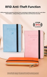 Three multi-functional RFID passport wallets in blue, pink, and orange with elastic straps