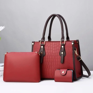 Three-piece dark red stone pattern tote bag set with crocodile texture and gold hardware