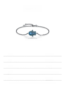Detail of S925 sterling silver Hamsa Hand bracelet with blue zircons and size specs