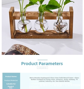 Detail of vintage wooden stand with three spherical glass vases for hydroponic plants