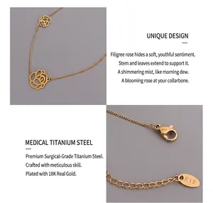 Macro shot of 18K gold plated rose pendant necklace with K18 engraved clasp plate