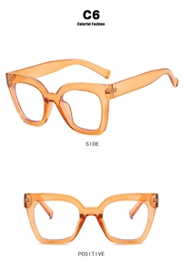 Detail view of transparent orange cat-eye glasses frame with side and front perspectives