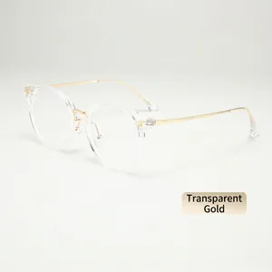 Detail of transparent gold round frames with slim metal temples and clear ear tips