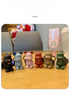 Detailed view of matte bear keychains in six colors with gold bow tie accents