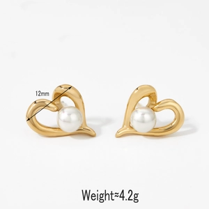 Elegant gold heart-shaped pearl earrings with 12mm size and polished irregular finish